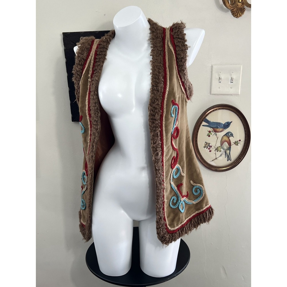 Vintage Afghan-Style Brown Suede Embroidered Fur Trim Vest Size S
